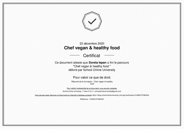 Certificat chef vegan